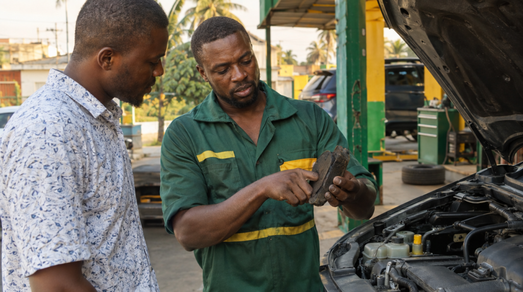 Mécanicien ivoirien montrant une pièce usée à un client dans un garage d’Abidjan