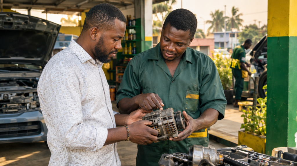 Vérification d'une pièce auto d'occasion avant achat dans un garage à Abidjan
